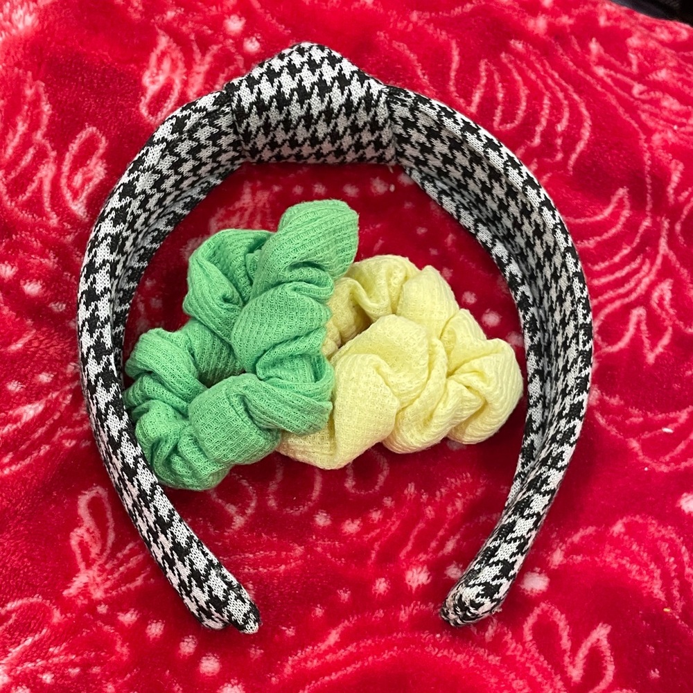 Black and White Houndstooth Headband with Scrunchies